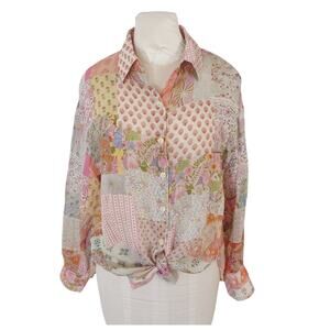 DIEUTHANH Haute Couture Patchwork Print Top Size L Oversized Button Down Blouse